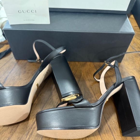 Gucci Marmont Black Platform Sandals Heels Leather GG Size EU 39 High Block Heel - Picture 5 of 6